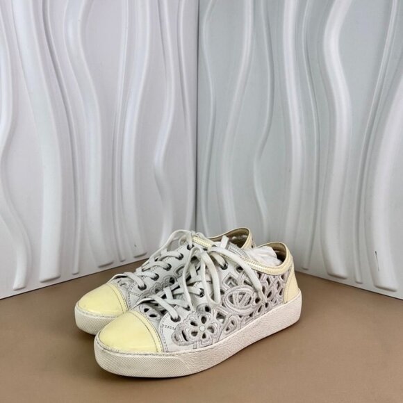 Chanel White Leather Perforated Lace-Up Sneakers With Yellow Toe Cap & Heel Acce - Picture 1 of 8